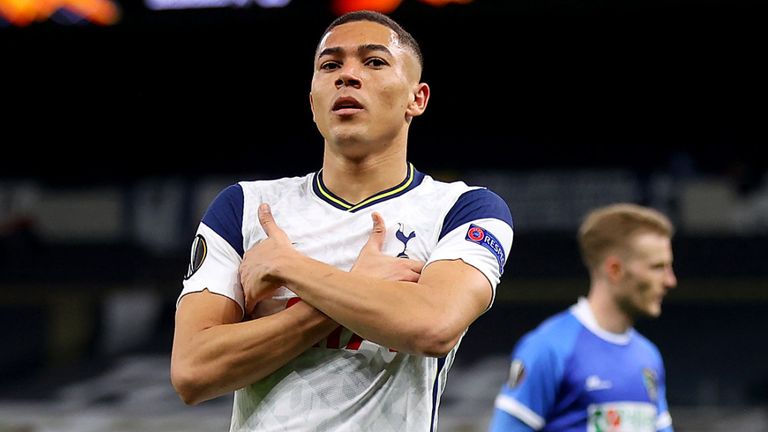 Carlos Vinicius celebrates after putting Spurs 2-0 up against Wolfsberger