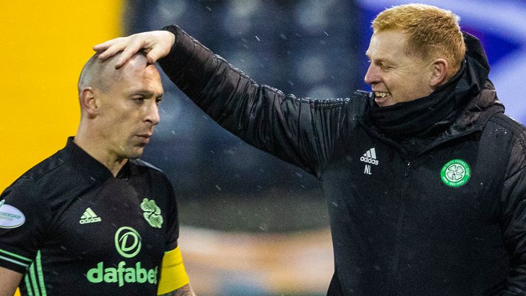 KILMARNOCK, SCOTLAND - FEBRUARY 02:  Celtic Manager Neil Lennon with captain Scott Brown at Full Time during the Scottish Premiership match between Kilmarnock and Celtic at Rugby Park on February 02, 2021, in Kilmarnock, Scotland. (Photo by Alan Harvey / SNS Group)