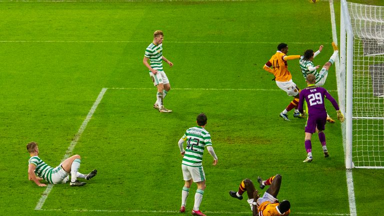 Celtic clear the ball off the line in the final minute against Motherwell