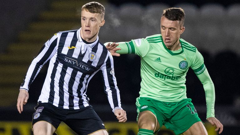  Mirren's Jake Doyle-Hayes (left) holds off Celtic's David Turnbull