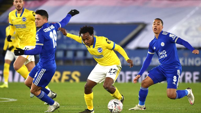 Percy Tau gets away from Cengiz Under in the FA Cup tie between Leicester and Brighton