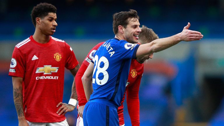 Cesar Azpiliceuta appeals to the assistant referee during the first half at Stamford Bridge