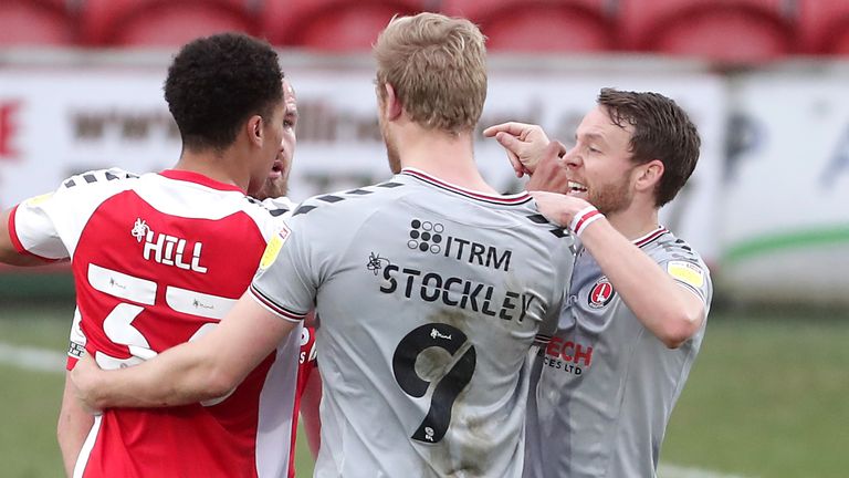 Charlton Athletic's Jayden Stockley clashed with Fleetwood Town players after a challenge with Fleetwood's Jordan Rossiter