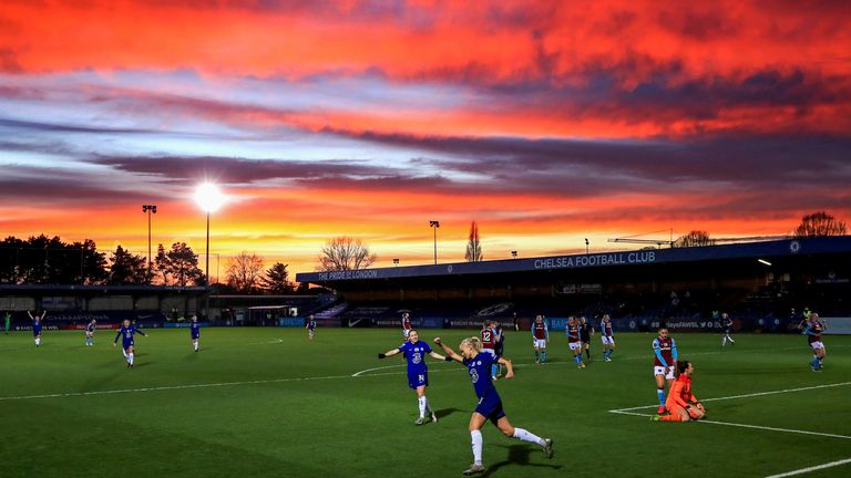 Chelsea's Pernille Harder celebrates after scoring her sides first goal during the FA Women's Continental Tyres League Cup Semi Final match at Kingsmeadow, London. Picture date: Wednesday February 3, 2021
