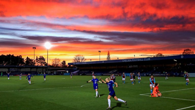 Chelsea's Pernille Harder celebrates after scoring in the FA Women's Continental Tyres League Cup Semi-Final this month (Pic: PA)