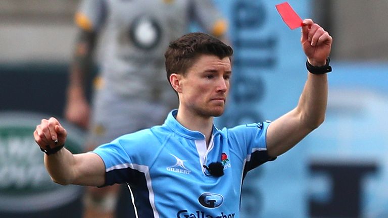 LEICESTER, ENGLAND - FEBRUARY 20: Referee Craig Maxwell-Keys awards a red card to Jasper Wiese of Leicester Tigers during the Gallagher Premiership Rugby match between Leicester Tigers and Wasps at Welford Road on February 20, 2021 in Leicester, England. 