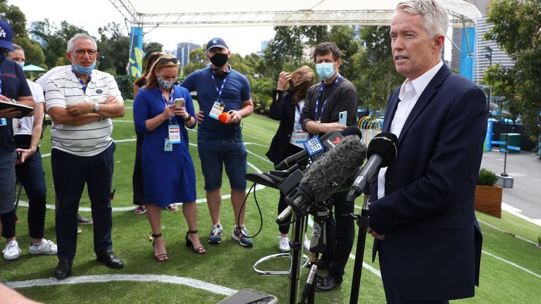 Australian Open tournament director Craig Tiley addresses the media in Melbourne, Australia, Thursday, Feb. 4. 2021. All competition at the six Australian Open tuneup events scheduled for Thursday were called off after a worker at one of the tournaments' Melbourne quarantine hotels tested positive for COVID-19