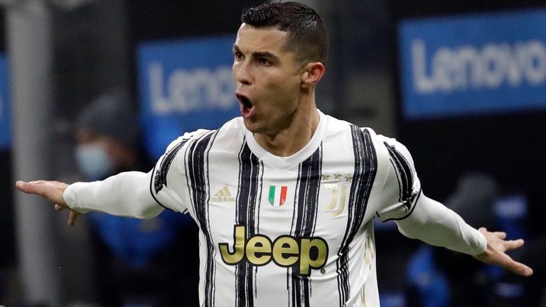 Cristiano Ronaldo celebrates after scoring in the Coppa Italia semi-final first leg