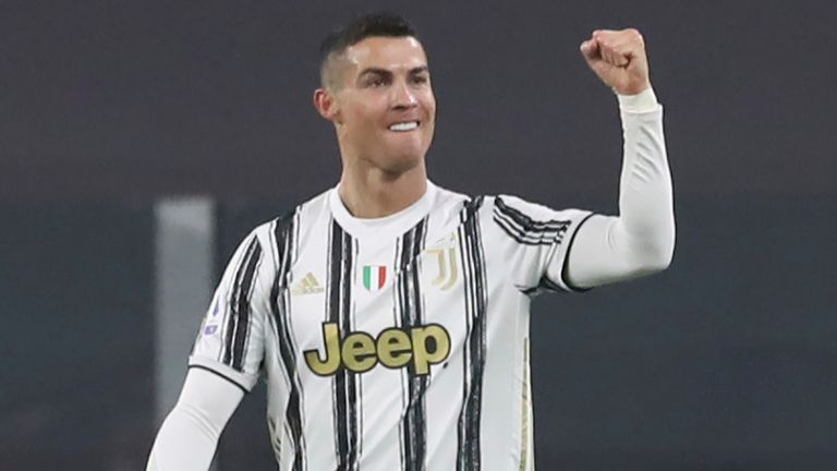 Cristiano Ronaldo celebrates after putting Juventus 1-0 up against Roma (AP)