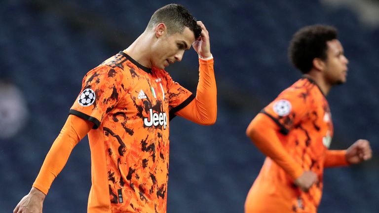 Juventus' Cristiano Ronaldo gestures during the Champions League round of 16, first leg, soccer match between FC Porto and Juventus at the Dragao stadium in Porto, Portugal, Wednesday, Feb. 17, 2021. (AP Photo/Luis Vieira)