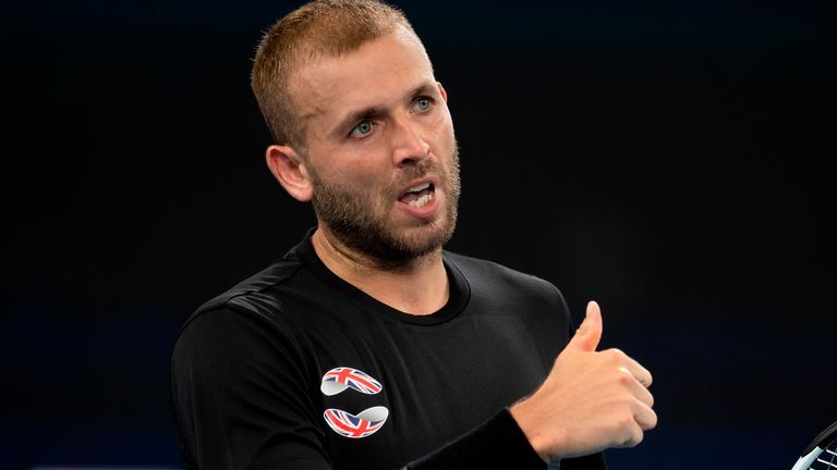 Dan Evans of Great Britain puts up his thumb during day seven of the quarter-final singles match at the 2020 ATP Cup Tennis at Ken Rosewall Arena on January 09, 2020 in Sydney, Australia. (Photo by Speed Media/Icon Sportswire) (Icon Sportswire via AP Images)