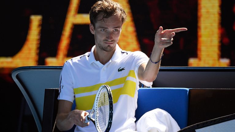 Russia's Daniil Medvedev gestures after defeating Serbia's Filip Krajinovic in their third round match at the Australian Open tennis championship in Melbourne, Australia, Saturday, Feb. 13, 2021.(AP Photo/Andy Brownbill)