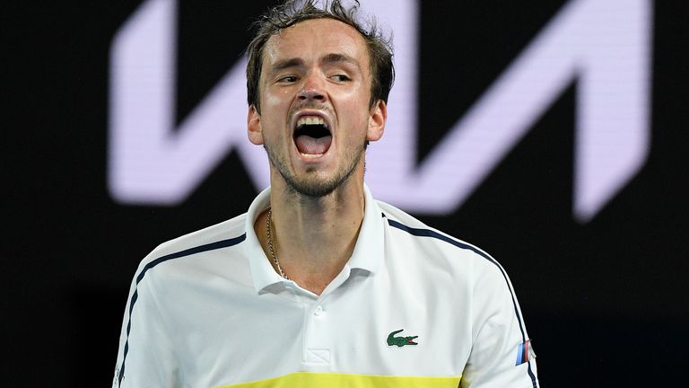 Russia&#39;s Daniil Medvedev reacts after winning a point against Greece&#39;s Stefanos Tsitsipas during their semifinal match at the Australian Open tennis championship in Melbourne, Australia, Friday, Feb. 19, 2021.(AP Photo/Andy Brownbill)