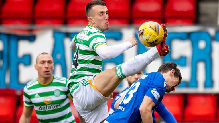 PERTH, SCOTLAND - FEBRUARY 14: Celtic's David Turnbull and Murray Davidson in action during a Scottish Premiership match between St Johnstone and Celtic at McDiarmid Park, on February 14, 2021, in Perth, Scotland. (Photo by Ross Parker / SNS Group)