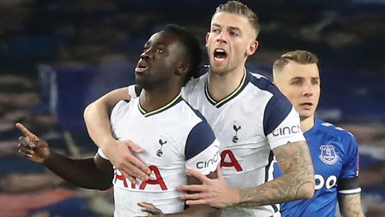 Davinson Sanchez celebrates his FA Cup opener for Tottenham against Everton