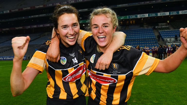 Denise Gaule and Grace Walsh celebrate December's All-Ireland final win over Galway