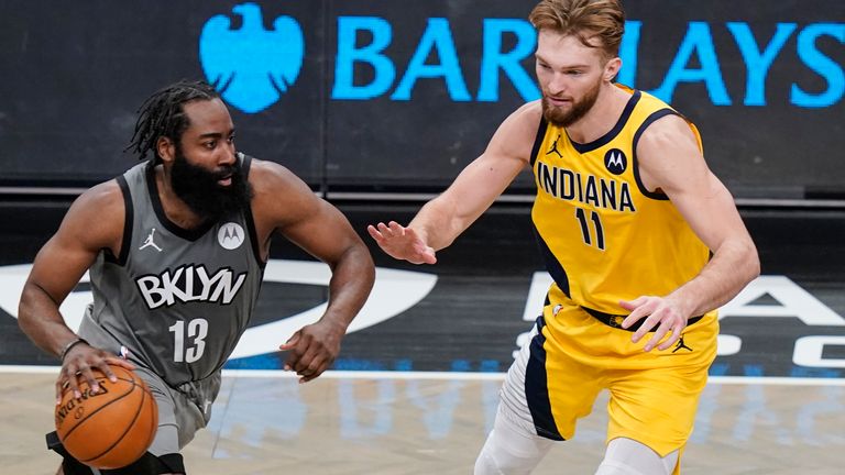 Brooklyn Nets&#39; James Harden drives past Indiana Pacers&#39; Domantas Sabonis