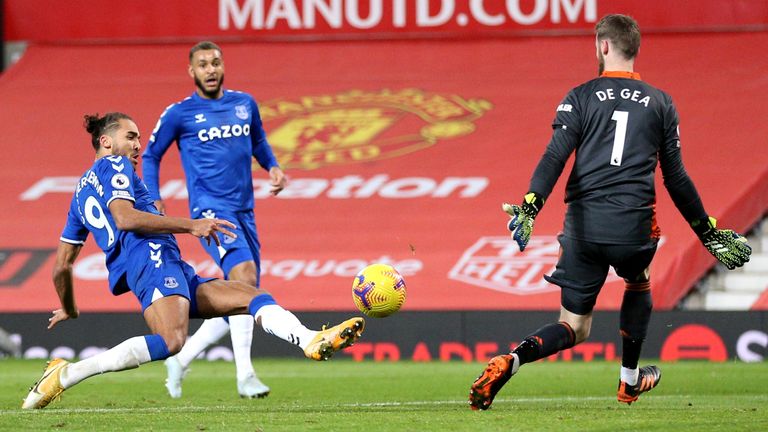 Everton's Dominic Calvert-Lewin scores his side's third goal against Manchester United