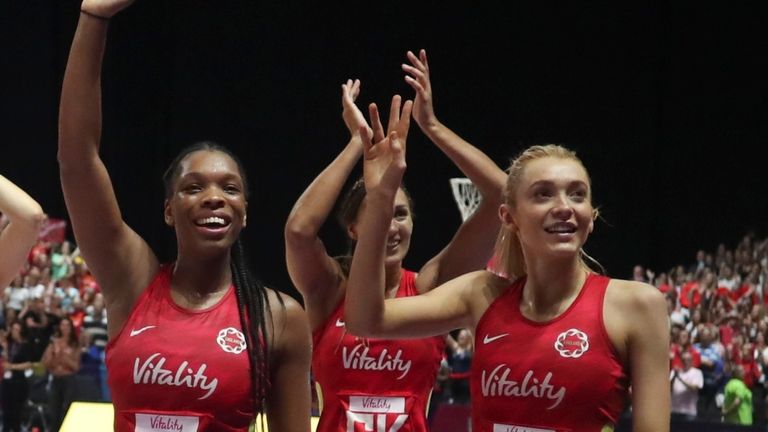 Eboni Usoro-Brown and her teammates after winning bronze at the Vitality Netball World Cup (AP Photo/Rui Vieira)..