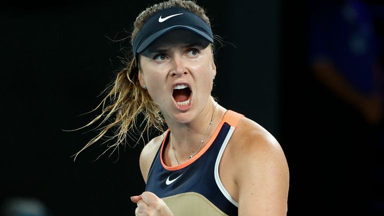 Ukraine&#39;s Elina Svitolina reacts during her second round match against United States&#39; Coco Gauff at the Australian Open tennis championship in Melbourne, Australia, Thursday, Feb. 11, 2021.(AP Photo/Rick Rycroft)