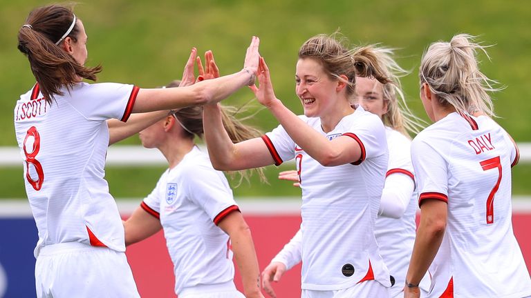 Ellen White celebrates her opening goal for England Women against Northern Ireland Women