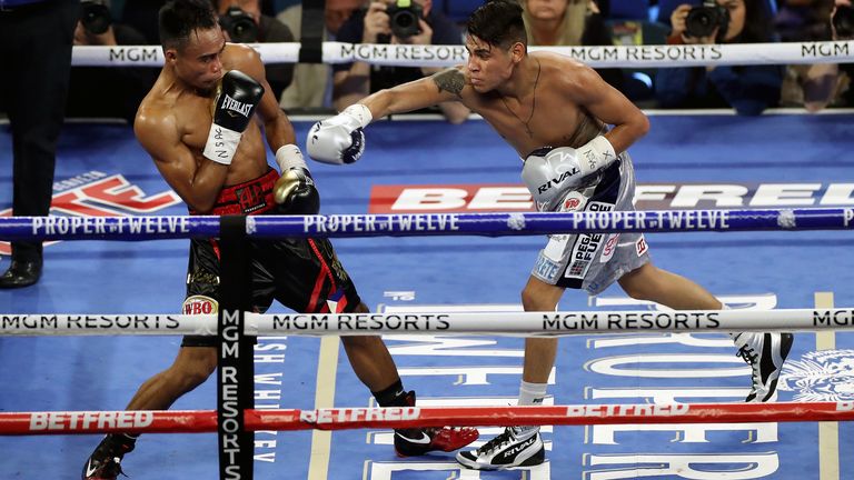 Jeo Santasima (left) and Emanuel Navarette during the World Boxing Organisation World Super Bantam Title bout at the MGM Grand, Las Vegas. PA Photo. Picture date: Saturday February 22, 2020. See PA story BOXING Las Vegas. Photo credit should read: Bradley Collyer/PA Wire.