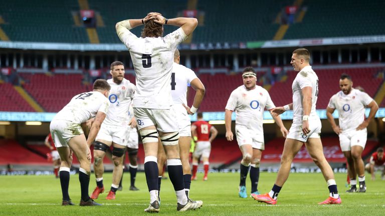 England's Jonny Hill looks dejected during the Guinness Six Nations match at the Principality Stadium, Cardiff. Picture date: Saturday February 27, 2021. See PA story RUGBYU Wales. Photo credit should read: David Davies/PA Wire. RESTRICTIONS: Use subject to restrictions. Editorial use only, no commercial use without prior consent from rights holder.