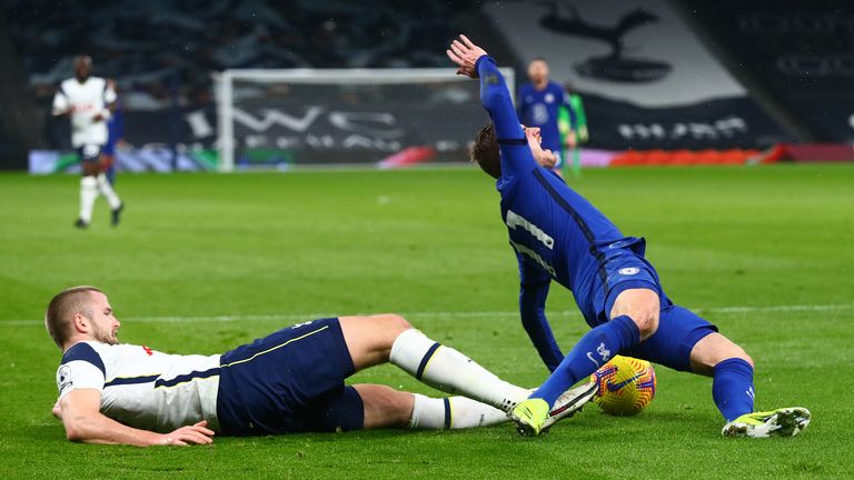 Tottenham's Eric Dier fouls Chelsea's Timo Werner to concede the penalty that Jorginho converted