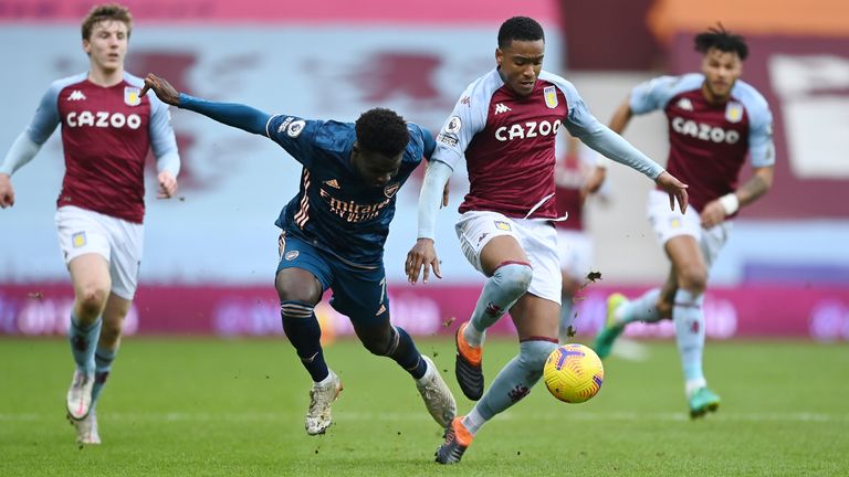 Ezri Konsa challenges Bukayo Saka in the Villa half (AP)