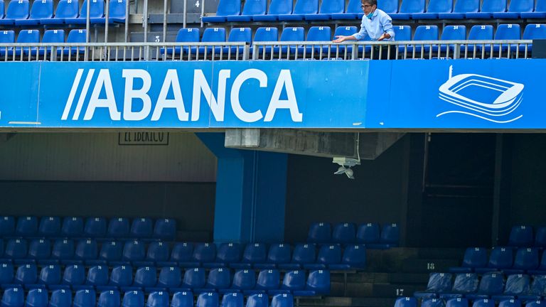  Fernando Vazquez, the manager of Deportivo de La Coruna gives his team instructions from the stands during the La Liga Smartbank match between RC Deportivo and Extremadura UD at Estadio Abanca Riazor on July 12, 2020 in La Coruna, Spain