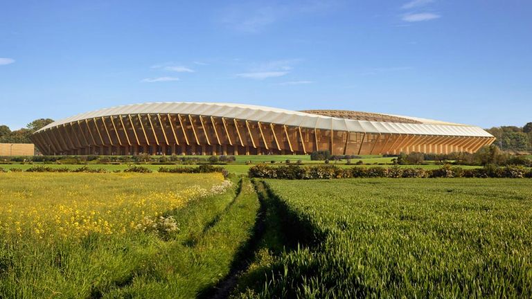 Eco Park: an all-wooden stadium could radically change the way stadia are designed, planned and built - to help fight climate change. (computer image)