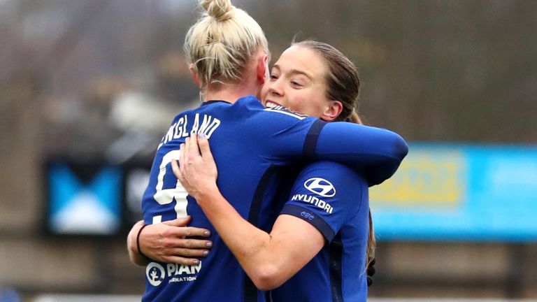 Frank Kirby celebrates with Bethany England after scoring for Chelsea
