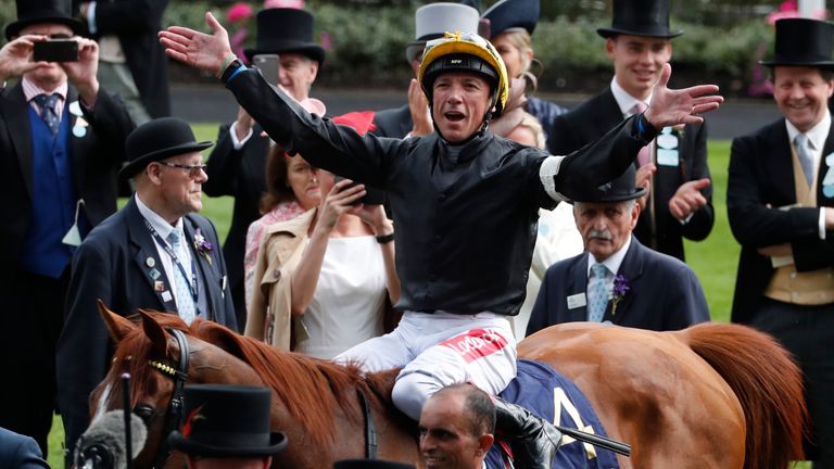 Frankie Dettori celebrates on his horse Stradivarius after winning the Gold Cup at Royal Ascot