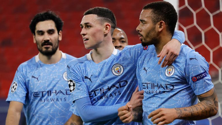 Gabriel Jesus celebrates scoring Man City's second against Borussia Monchengladbach