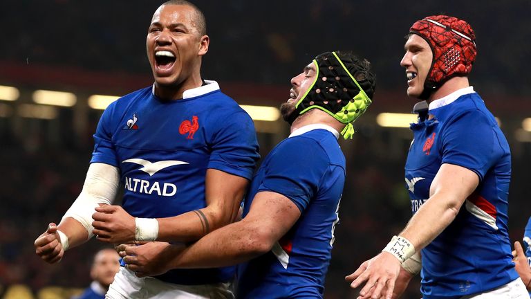 France's Gael Fickou (left) celebrates scoring his side's second try of the game before being ruled out by TMO during the Guinness Six Nations match at the Principality Stadium, Cardiff.