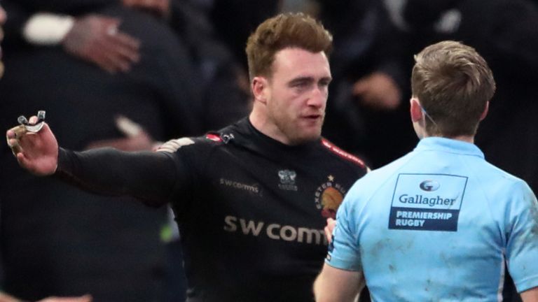 Exeter Chief's Stuart Hogg appeals to Referee Christophe Ridley during the Gallagher Premiership match at Sandy Park, Exeter. Picture date: Saturday February 20, 2021.
