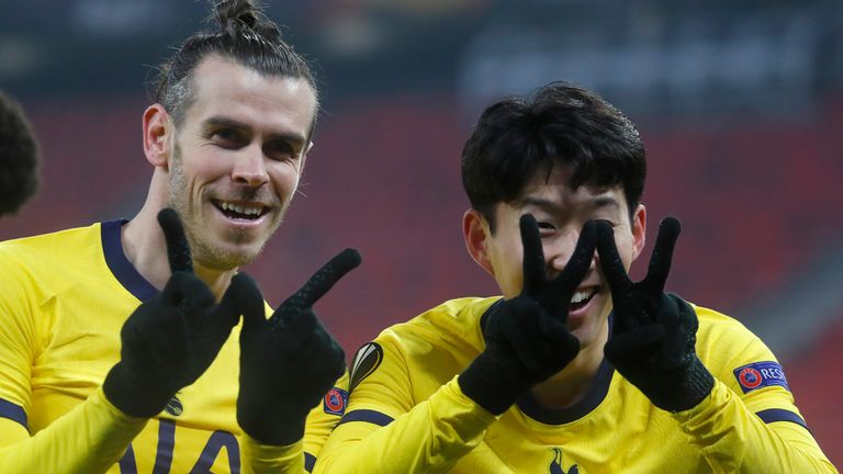 Heung-Min Son celebrates with Gareth Bale after putting Tottenham ahead against Wolfsberger