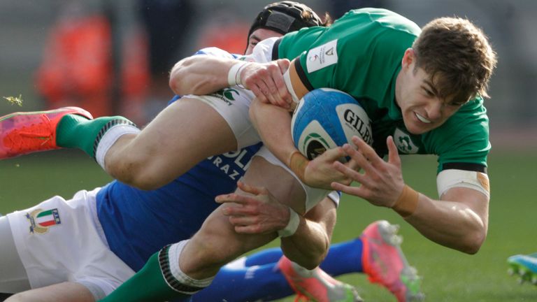 Garry Ringrose goes over to score a try for Ireland (AP)