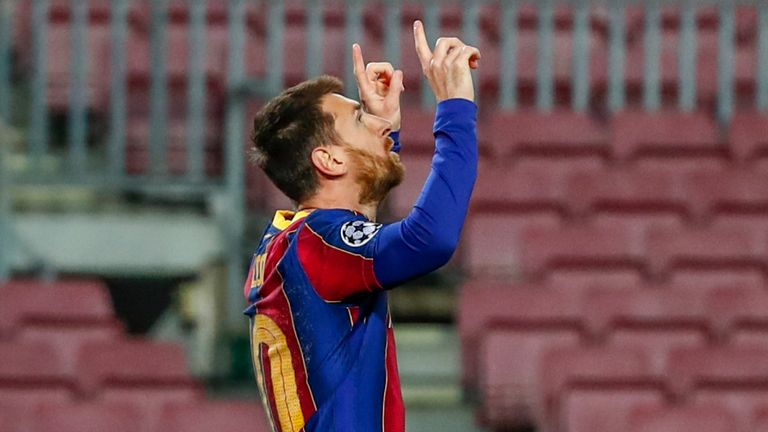 Lionel Messi celebrates after scoring for Barcelona against PSG