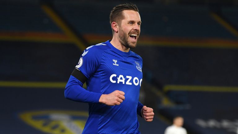 Everton's Gylfi Sigurdsson celebrates scoring their first goal of the gam