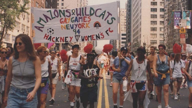 Hackney Women FC marching in New York Pride 1994, Gay Games