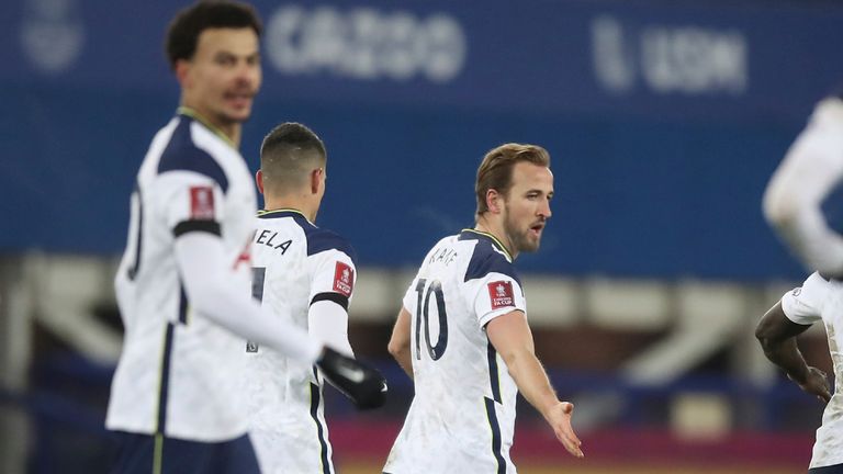 Harry Kane celebrates scoring Tottenham's fourth goal to equalise against Everton