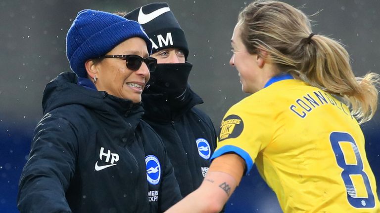 Brighton Women&#39;s boss Hope Powell celebrates her side&#39;s victory at Chelsea (PA image)