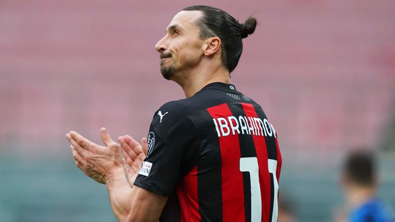 AC Milan's Zlatan Ibrahimovic looks up during the Serie A soccer match between AC Milan and Inter Milan, at the San Siro Stadium in Milan, Italy, Sunday, Feb. 21, 2021. (Spada/LaPresse via AP)