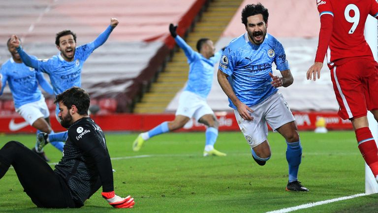 Ilkay Gundogan wheels away after restoring Man City's lead at Anfield