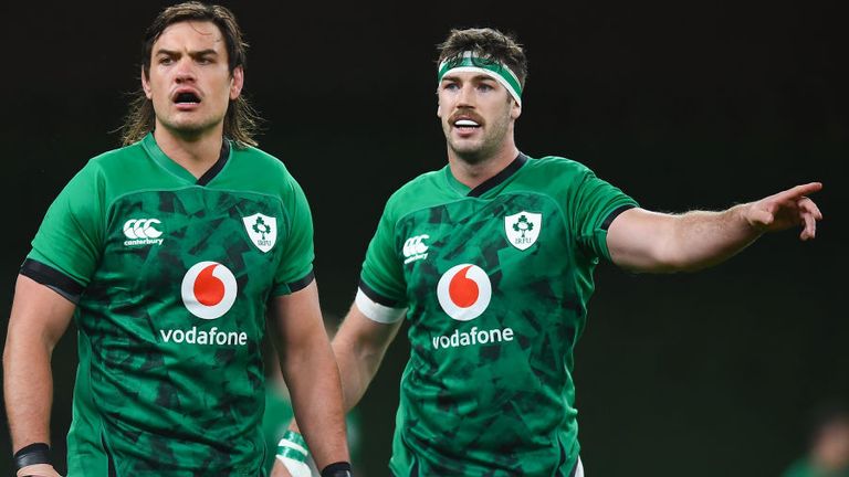 Quinn Roux, left, and Caelan Doris during the Autumn Nations Cup match between Ireland and Wales