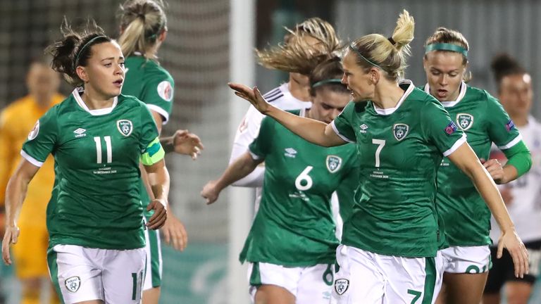 Katie McCabe (left) celebrates scoring her side's first goal of the game during the UEFA Women's Euro 2021 Qualifying Group I match at the Tallaght Stadium, Dublin, Ireland.