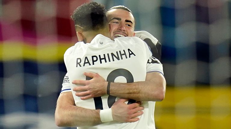 Leeds' Jack Harrison celebrates with Raphinha after scoring against Crystal Palace