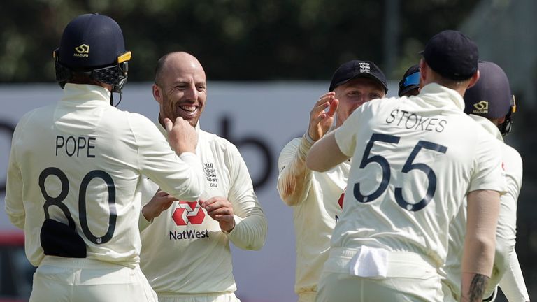 BCCI - Jack Leach of England celebrates the wicket of Ravichandran Ashwin of India with team mates during day four of the first test match between India and England held at the Chidambaram Stadium stadium in Chennai, Tamil Nadu, India on the 8th February 2021..Photo by Saikat Das/ Sportzpics for BCCI
