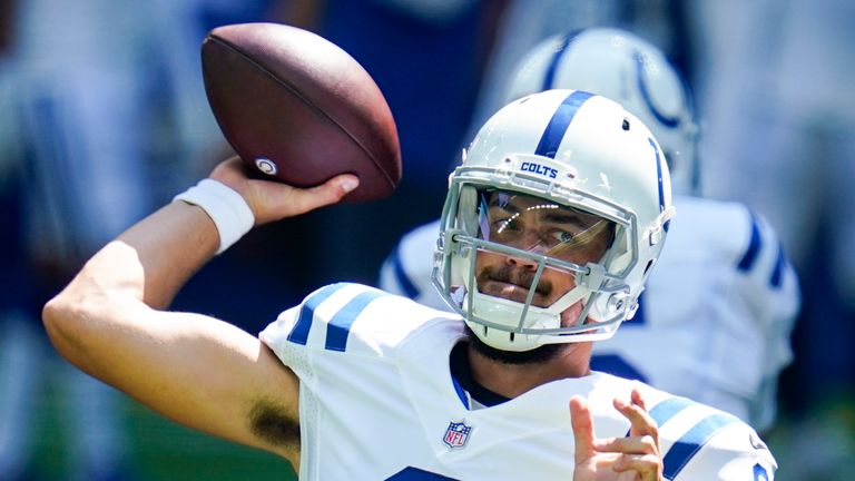 Indianapolis Colts quarterback Jacob Eason in action during training camp at Lucas Oil Stadium in August 2020. (AP Photo/Michael Conroy)